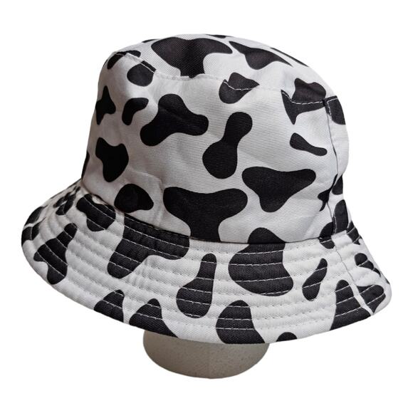White Cow Print Reversible Bucket Hat Black on the Other Side One Size Fits Most - Picture 2 of 7